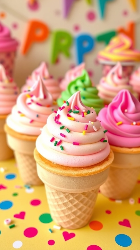 Ice cream cone cupcakes with colorful frosting and sprinkles on a party table.
